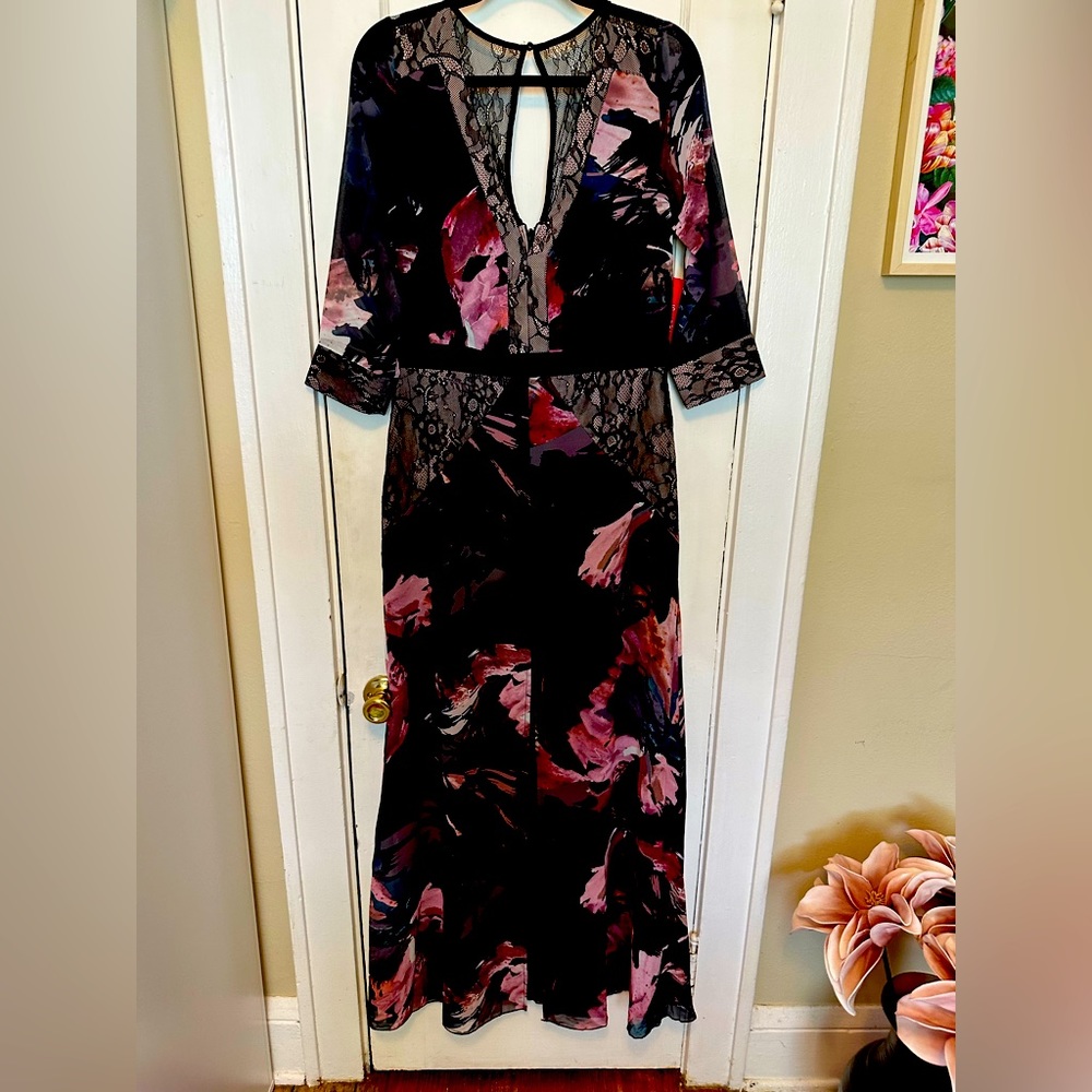 NWT ASOS maxi dress.  Dark blue with pink floral, black lace and cream
